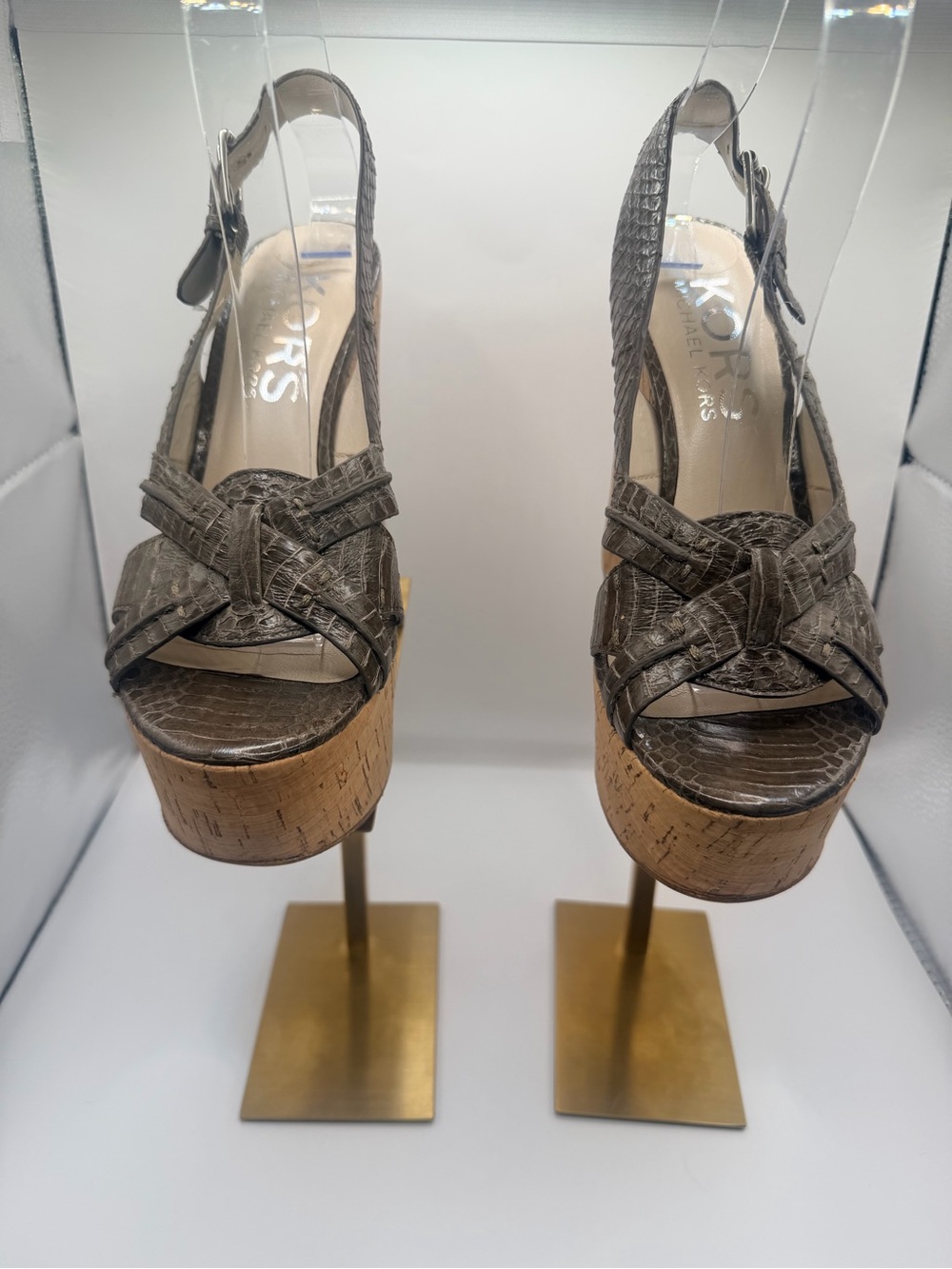 Michael Kors Taupe Textured Leather Cork Platform Slingbacks